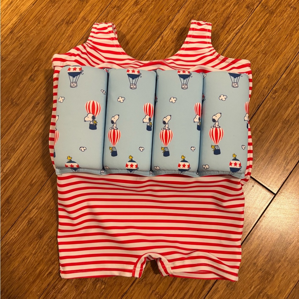 EUC Red and White Striped Snoopy Swim Suit with attached floaties